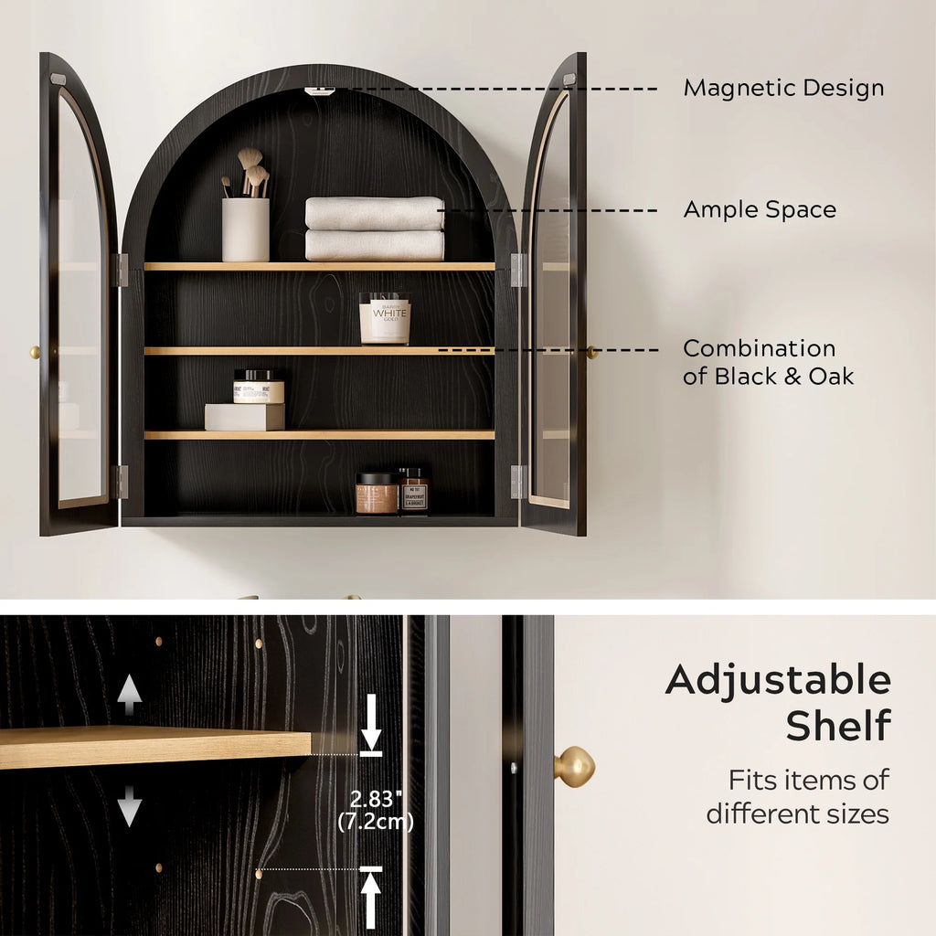 EYYTHUNG Modern Arched Wall Cabinet, Large Medicine Cupboard, Black Cabinet for Bathroom with Adjustable Shelf, Black Oak