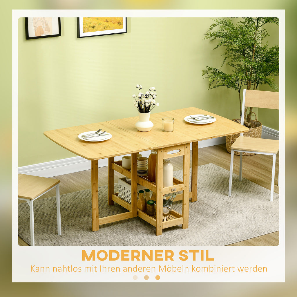 HOMCOM Klapptisch, Esstisch, zwei klappbare Seiten, zwei Ablagen, verstellbare Füße, Bambus, 149,5 x 80 x 73,5cm