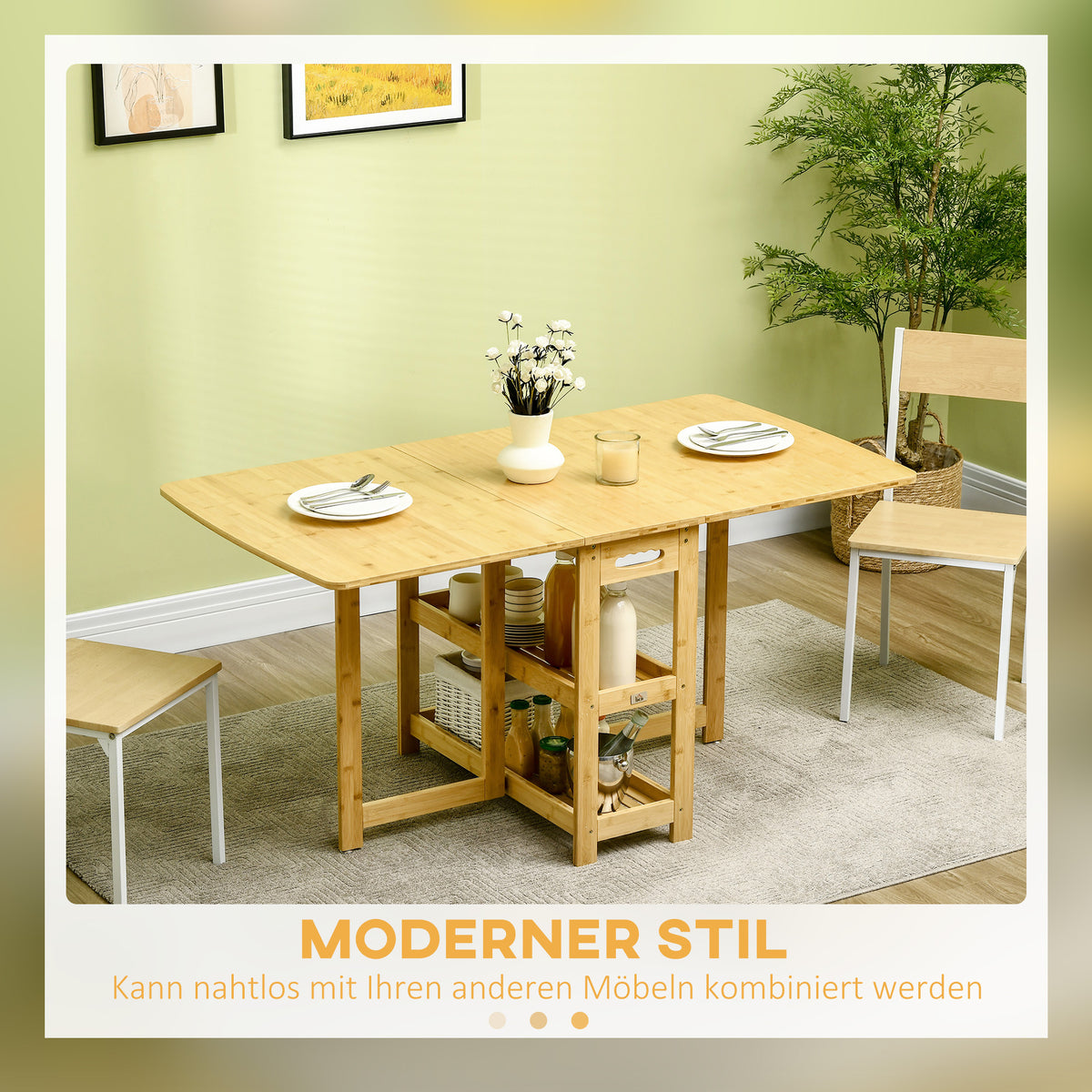 HOMCOM Klapptisch, Esstisch, zwei klappbare Seiten, zwei Ablagen, verstellbare Füße, Bambus, 149,5 x 80 x 73,5cm