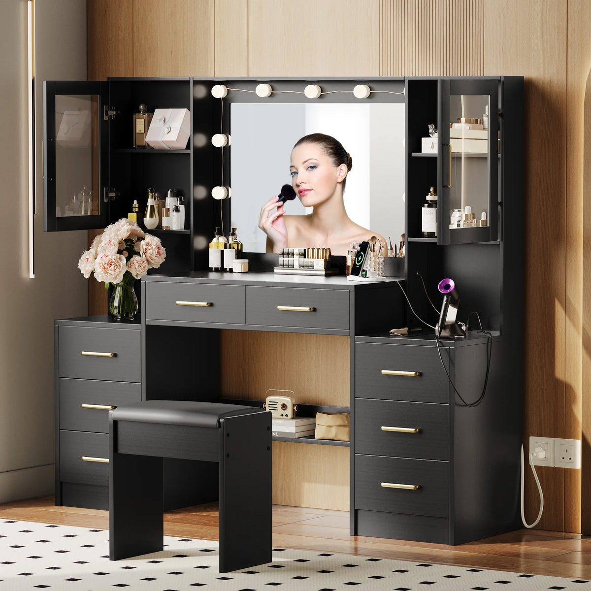 UGTOO 58.3" White Vanity Desk with Mirror, Adjustable Lighting, Power Outlet, Drawers, with Stool
