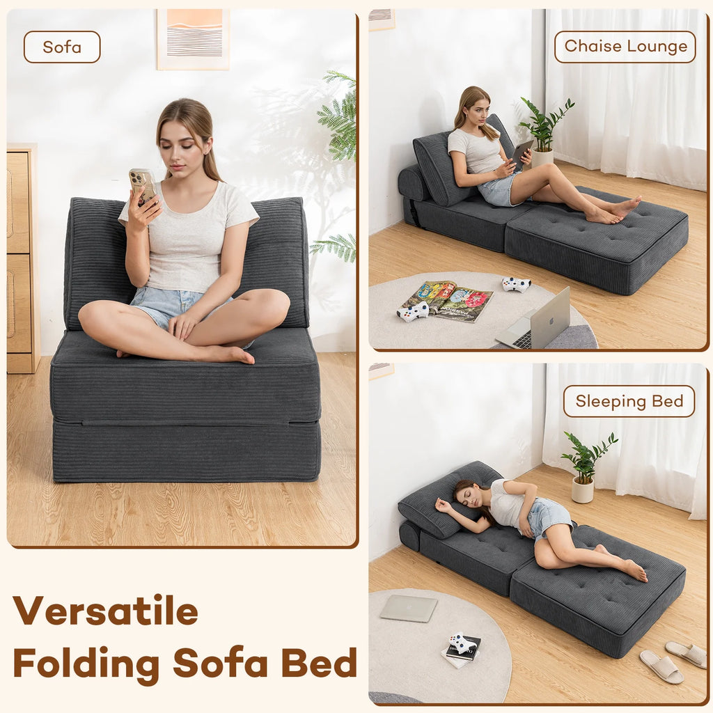 Hommpa Folding Sofa Bed Foldable Couch Bed Convertible Futon Chair with High Density Foam Filling with Pillow for Adult, Comfort Chair Bed for Living Room Bedroom, Gray, Single