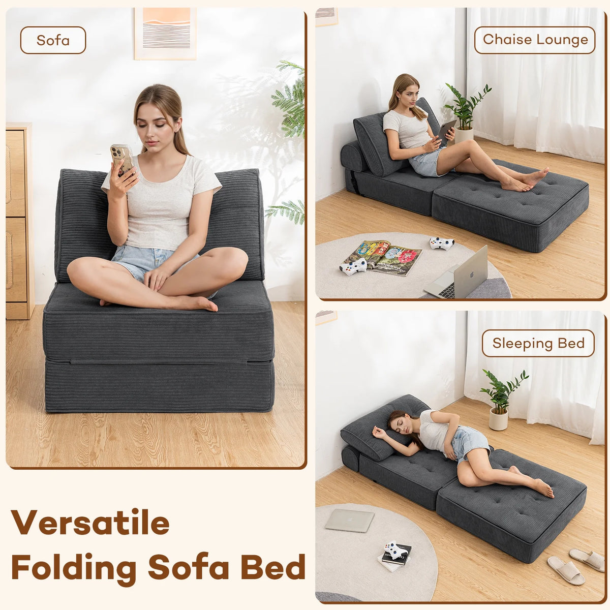 Hommpa Folding Sofa Bed Foldable Couch Bed Convertible Futon Chair with High Density Foam Filling with Pillow for Adult, Comfort Chair Bed for Living Room Bedroom, Gray, Single