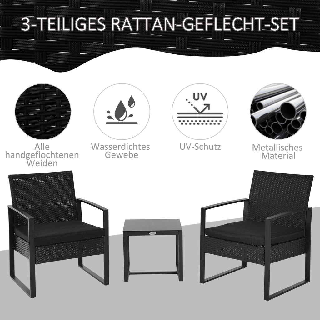 Outsunny Polyrattan Gartenset für 2 Personen Balkonmöbel Set mit Kissen Schwarz