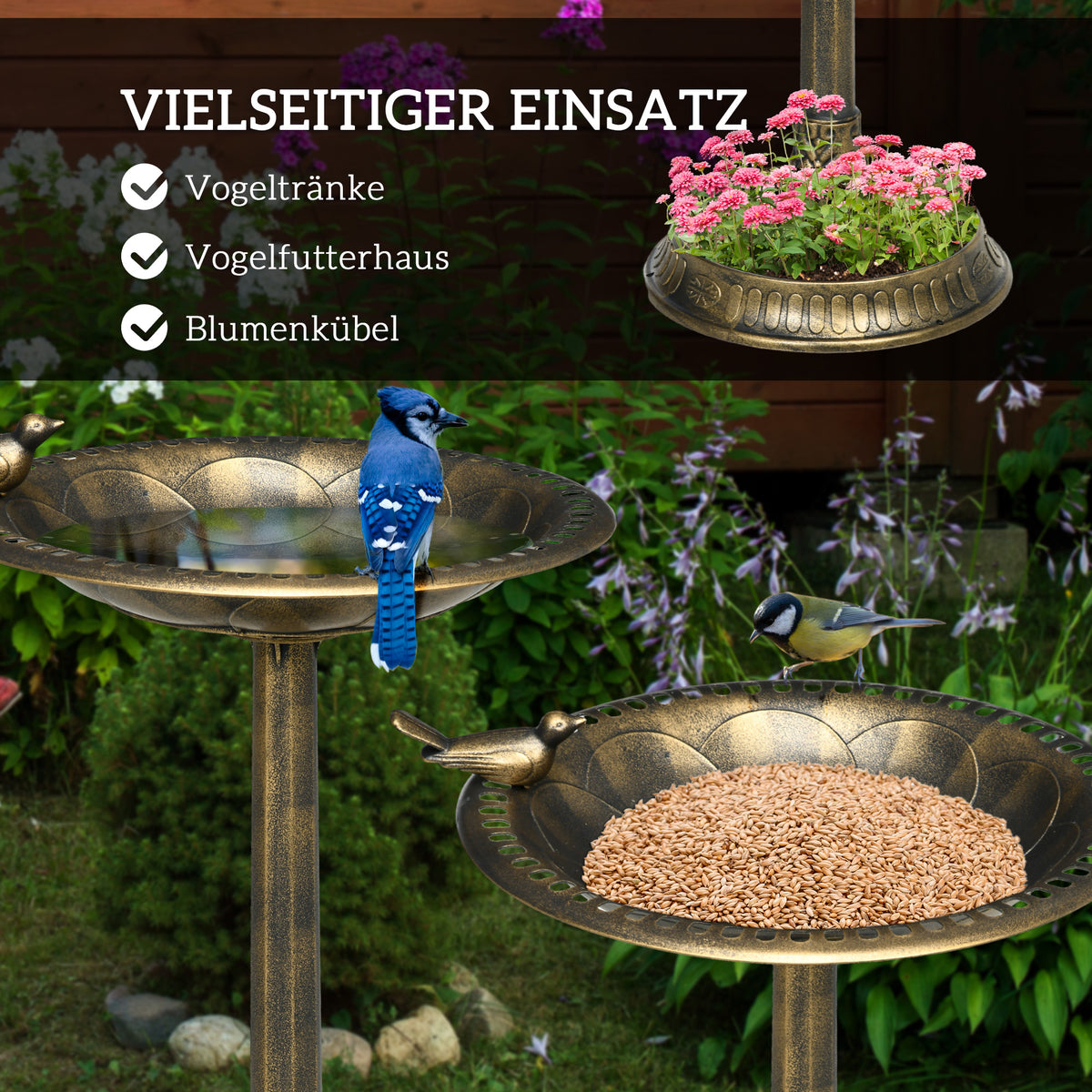 Outsunny Vogeltränke, Vogelbad mit Statue, Blumenmuster, 2 Becken, Kunststoff, antiker Look, 50B x 72H cm, Bronzefarben