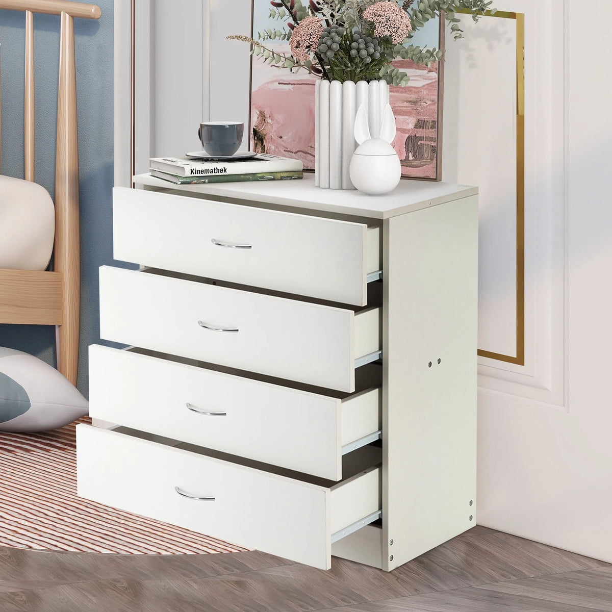 BTMWAY 4 Drawers Chest of Drawers, Wooden Chest of Drawers Storage Cabinet, Heavy Duty Wood Dresser Chest Cabinet for Bedroom, 25.98'' x 14'' x 22.05'', White