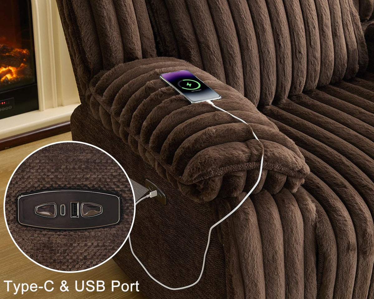 Power Reclining Sectional Sofa with Wireless Charger, 6 - Seater Faux Fur Sectional with Recliners, Hidden Cup Holders, Storage Console, USB & Type - C Ports, Black