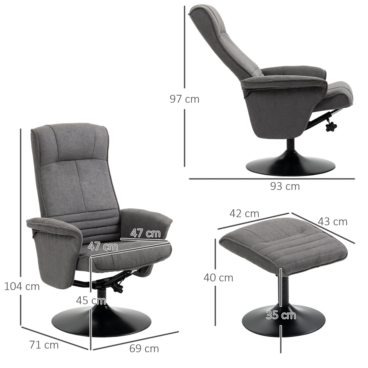 HOMCOM Relaxsessel mit Fußhocker, verstellbare Rückenlehne, 69 cm x 71 cm x 104 cm, Dunkelgrau + Schwarz