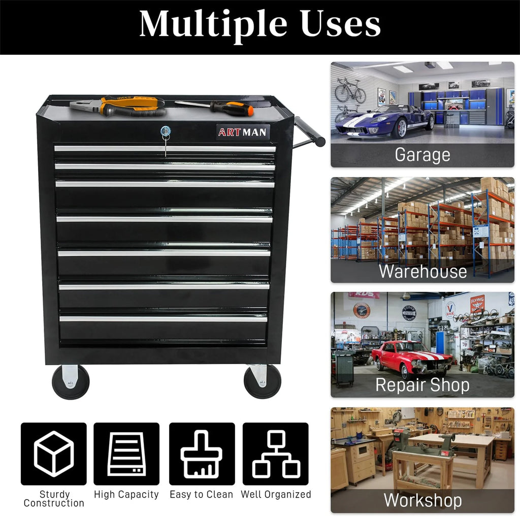 Aukfa Tool Chest, 24.5 in 7 - Drawer Steel Rolling Tool Box on Wheels for Workshop Garage, Red