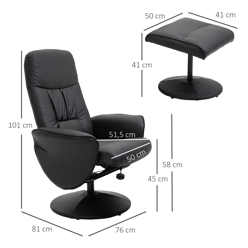 HOMCOM Relaxsessel mit Fußhocker Relaxsessel Schwenkersessel 360° drehbar und verstellbarem Rückenlehne TV-Sessel für bis zu 120 kg Kunstleder Metall Schwarz