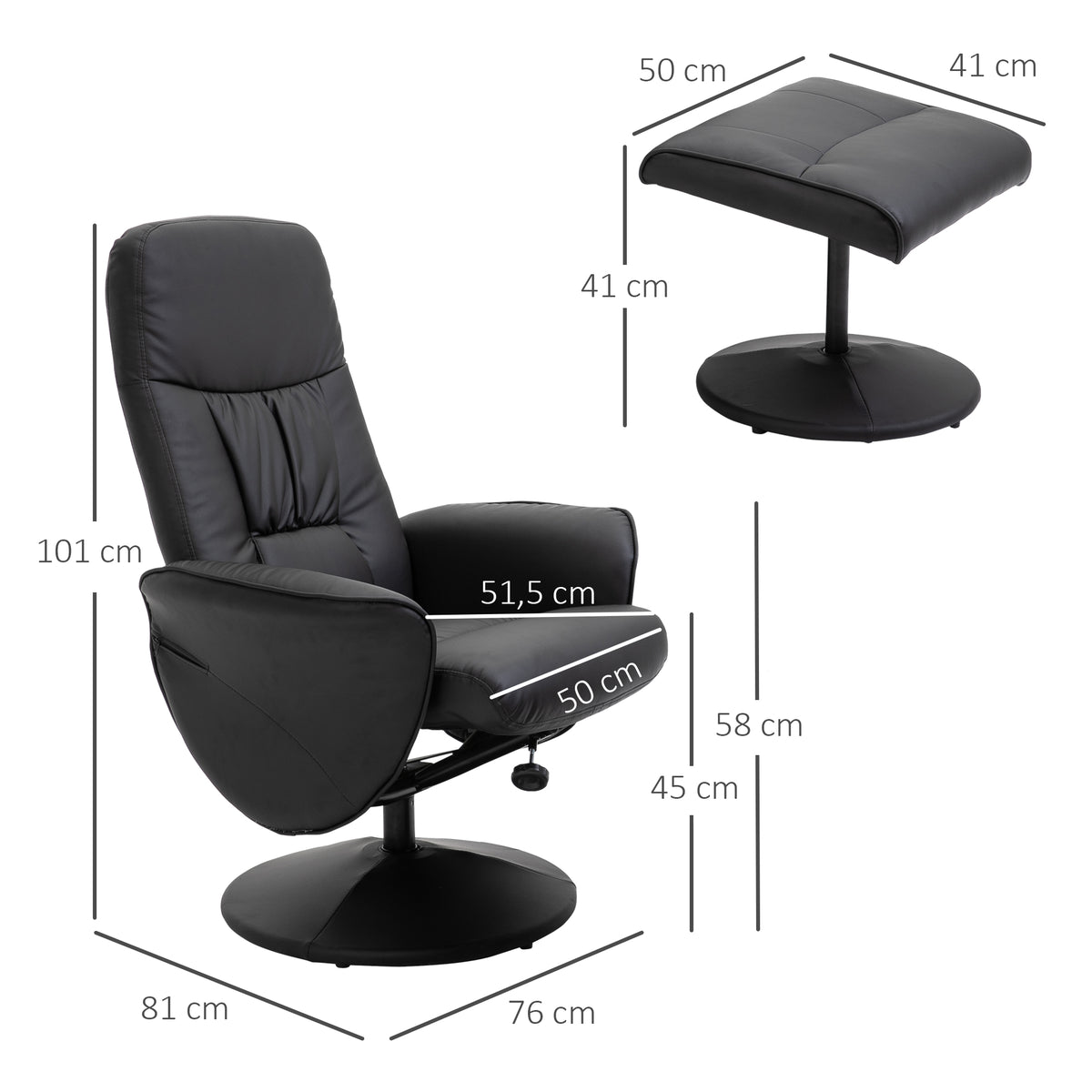 HOMCOM Relaxsessel mit Fußhocker Relaxsessel Schwenkersessel 360° drehbar und verstellbarem Rückenlehne TV-Sessel für bis zu 120 kg Kunstleder Metall Schwarz