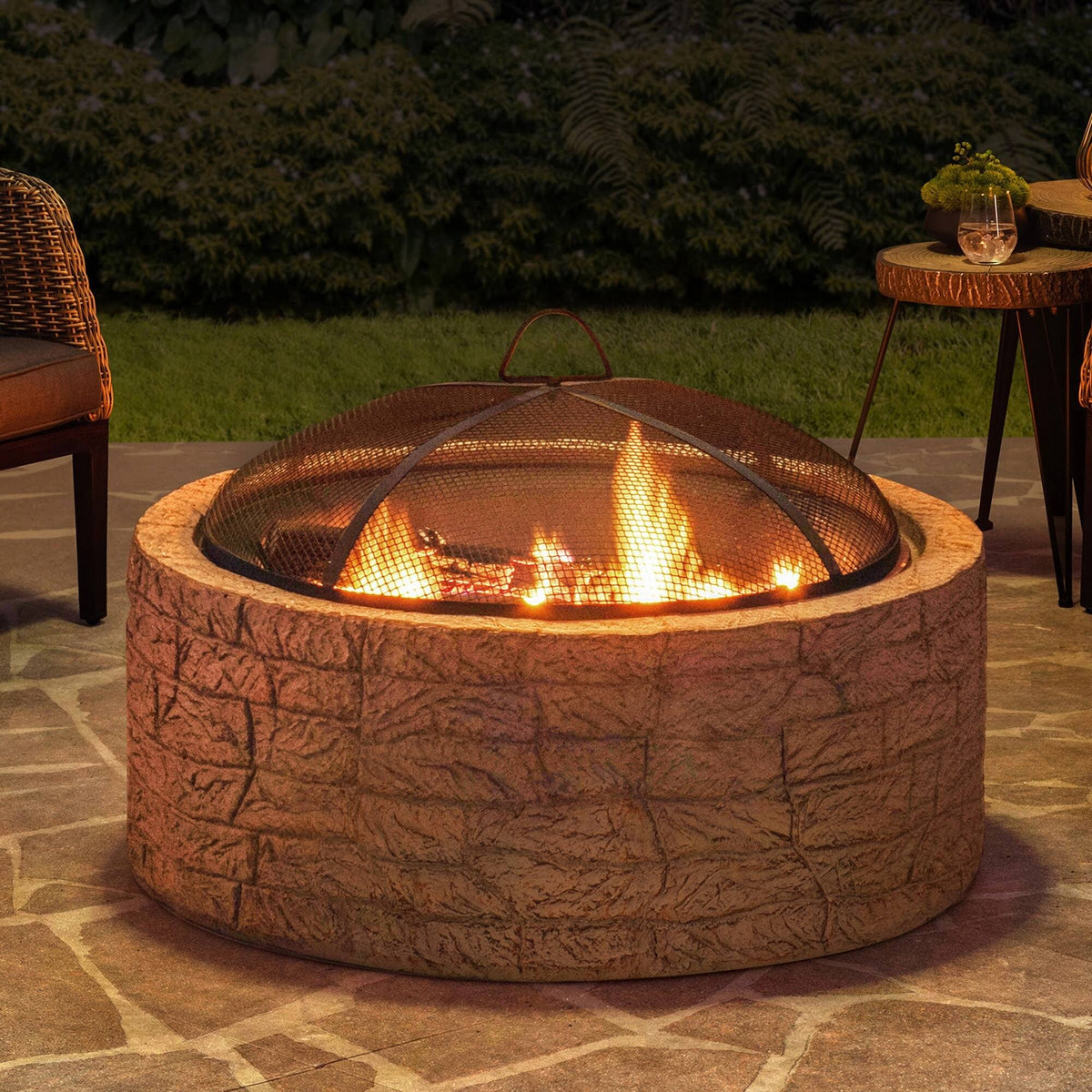 Sunjoy Stone 26 inch Round Wood-Burning Fire Pit Khaki