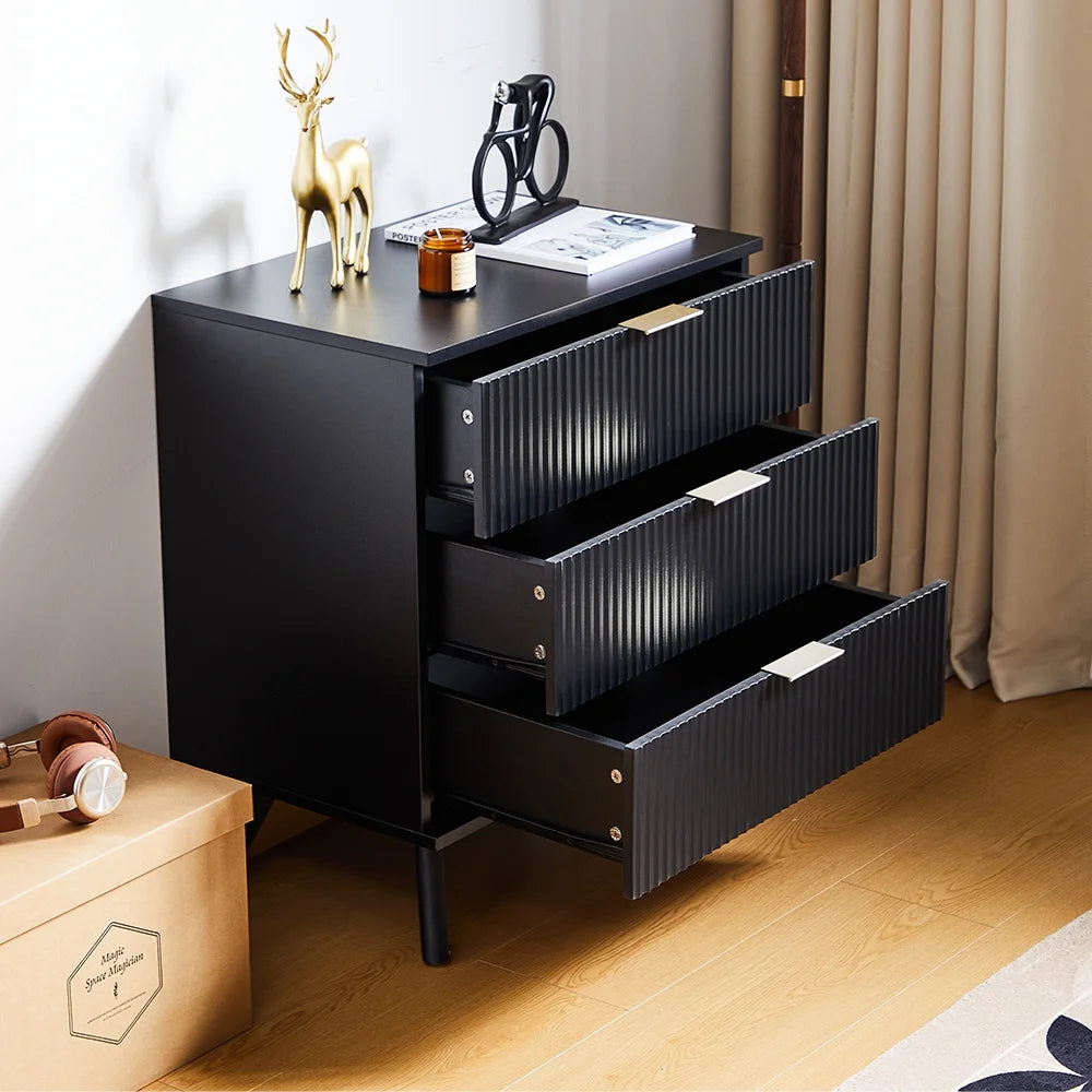 YOCWO Fluted Nightstand for Bedroom Set of 2, Wood Bedside Table Set of 2 with Drawers, Black