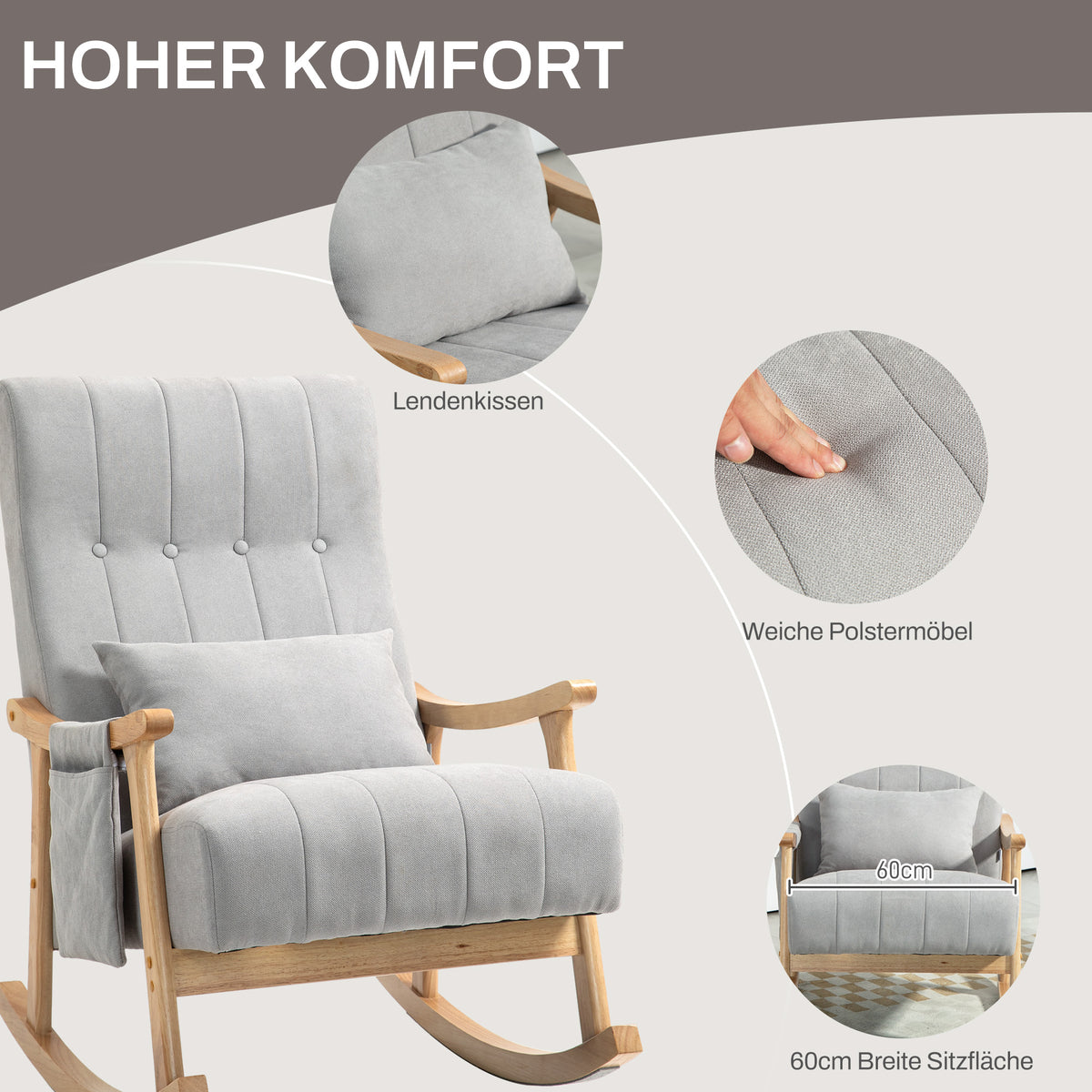 HOMCOM Schaukelstuhl mit Nierenkissen, breiter Sitz, Buchenrahmen, bis 120 kg, Grau
