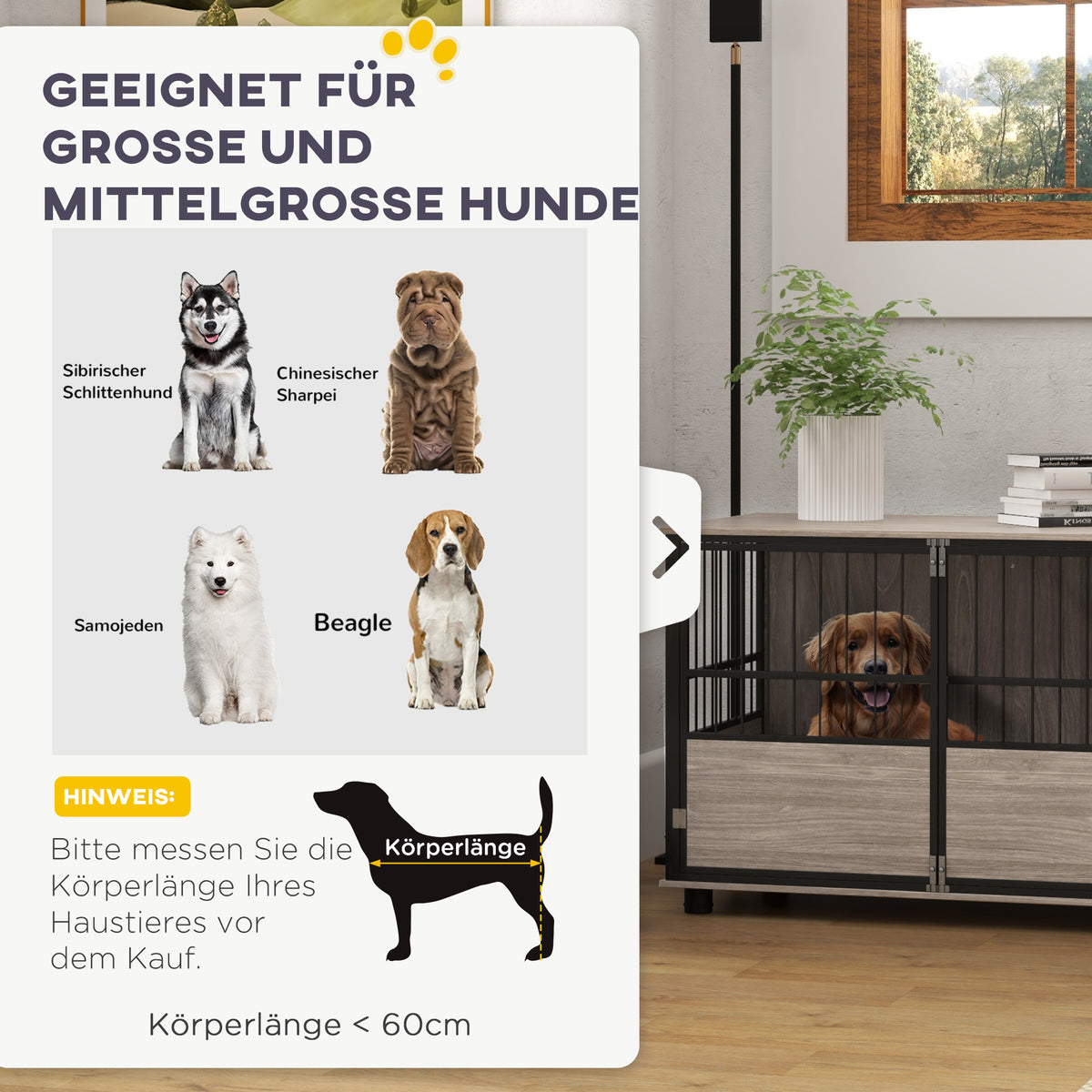 PawHut Hundebox, robust & stilvoll, 100x60x68cm, Walnussholz-Finish & Schwarz