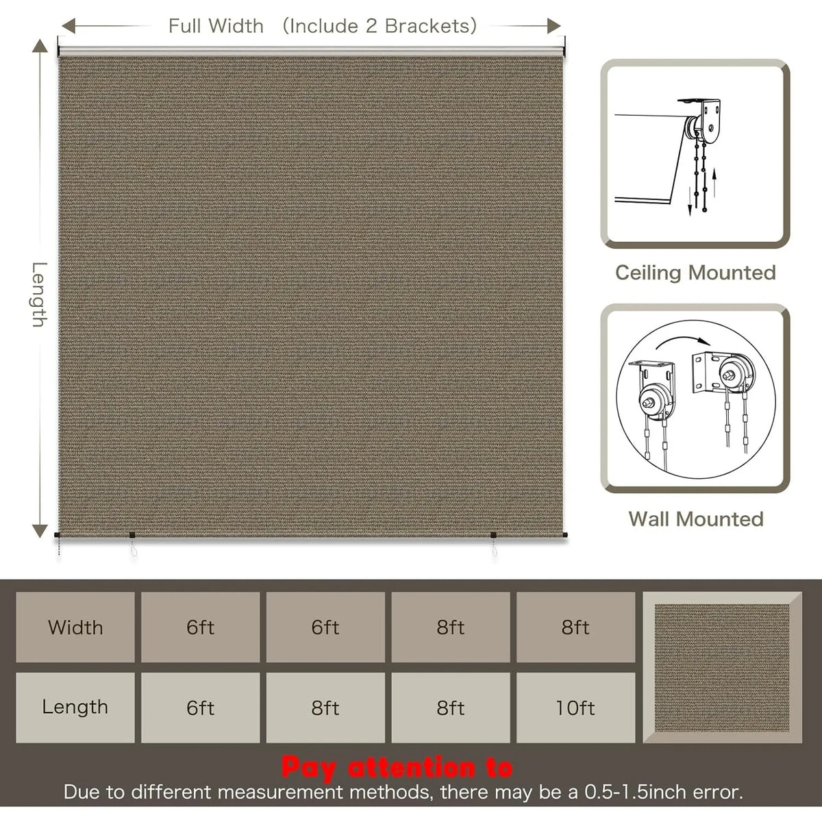 AECOJOY Outdoor Roller Shade, 10'(W) x8'(H) Sun Shade Cover Canopy, Mocha&Gray