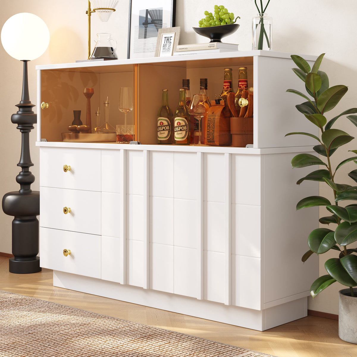 Anrichte Küchenschrank 120x95 cm mit Glastüren, Sideboard mit Regalen für Esszimmer und Wohnzimmer, weisser