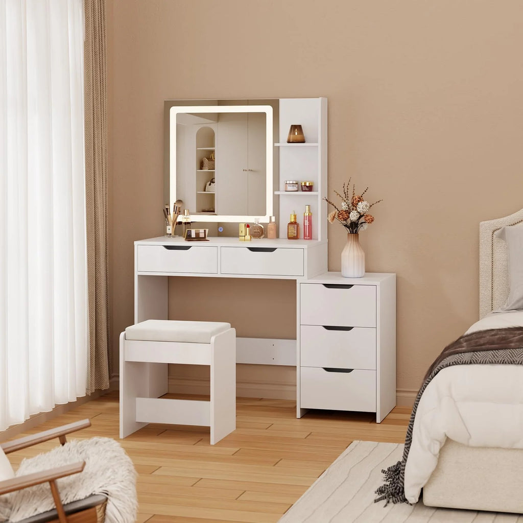 Makeup Vanity Desk with Mirror and Lights, 43.5 Vanity Table with 5 Drawers & Storage Shelves, White