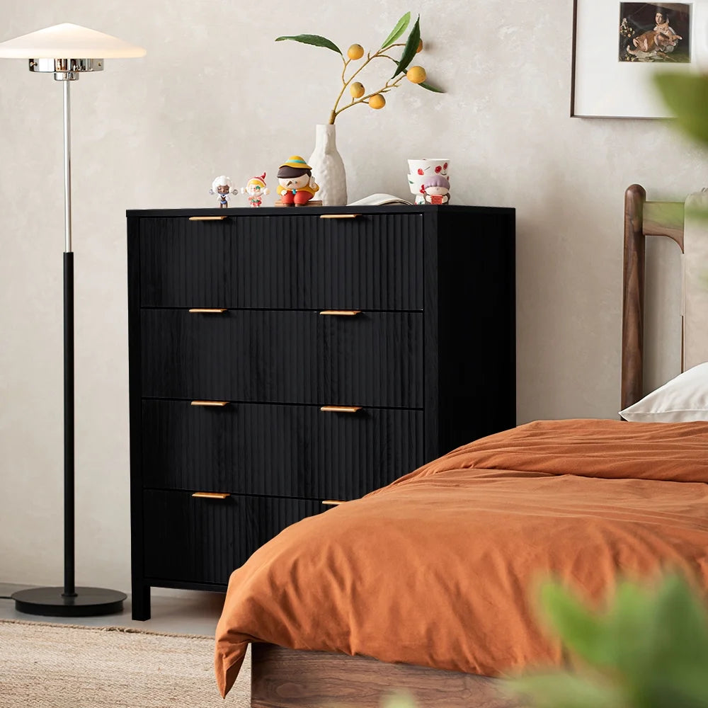 YOCWO Fluted Nightstand for Bedroom Set of 2, Wood Bedside Table Set of 2 with Drawers, Black