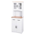 Clearance! Wooden Kitchen Cabinet White Pantry Room Storage Microwave Cabinet with Framed Glass Doors and Drawer