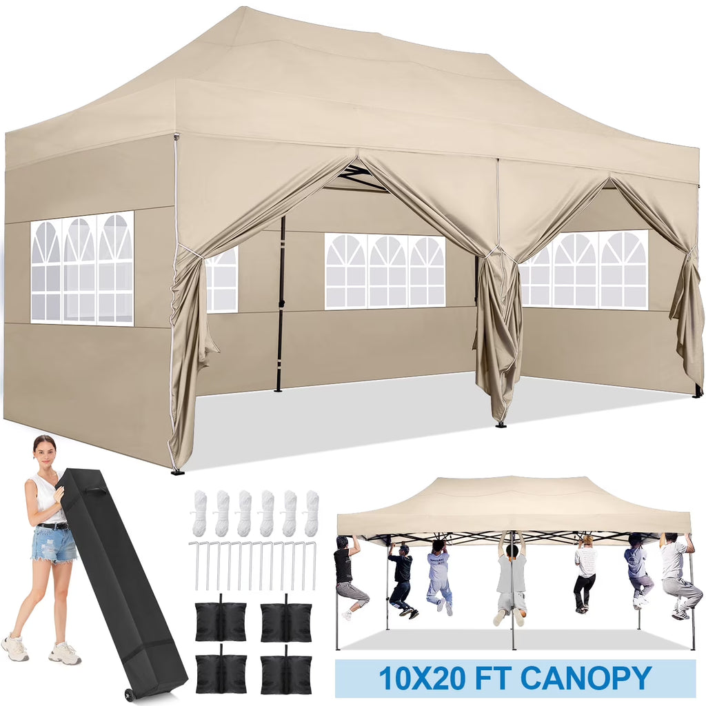 10'X20' Pop up Canopy Waterproof Folding Tent Outdoor Easy Set - up Instant Tent Heavy Duty Commercial Wedding Party Shelter with 6 Removable Sidewalls, 4 Sandbags, Roller Bag, Khaki