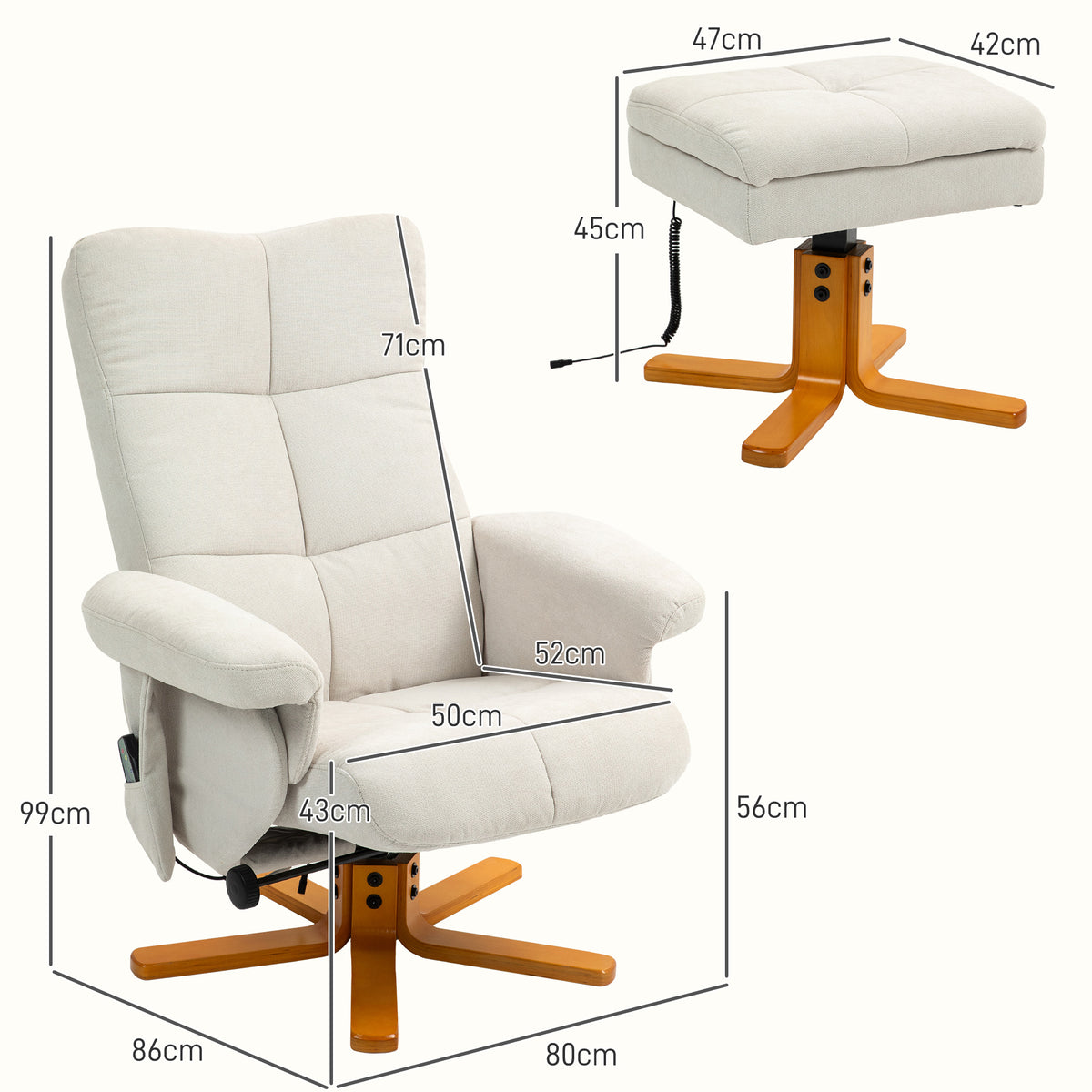 HOMCOM Massagesessel mit Liegefunktion und Fußhocker, 145°-Neigung, Polyester, 80 x 86 x 99 cm, Cremeweiß
