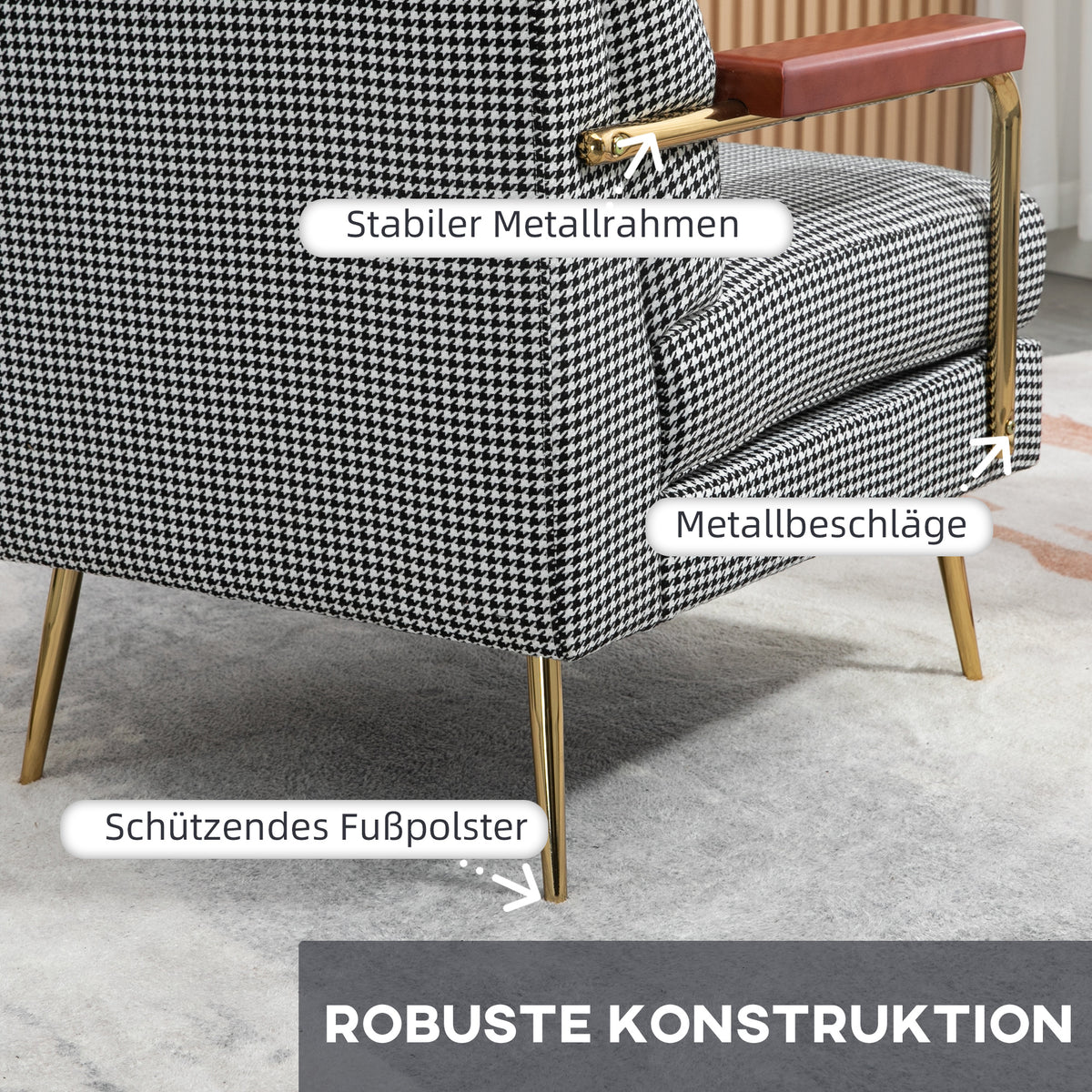 HOMCOM Sessel im Retrodesign, Akzentsessel, Hahnentrittmuster, Holzemelente, Federkern, Schwarz + Weiß