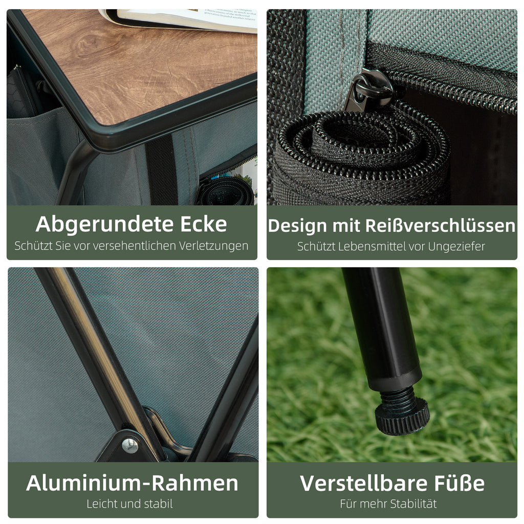 Outsunny Camping-Tisch mit 3 Regalfächern, Reißverschlusstür, Aluminium, faltbar, Grau