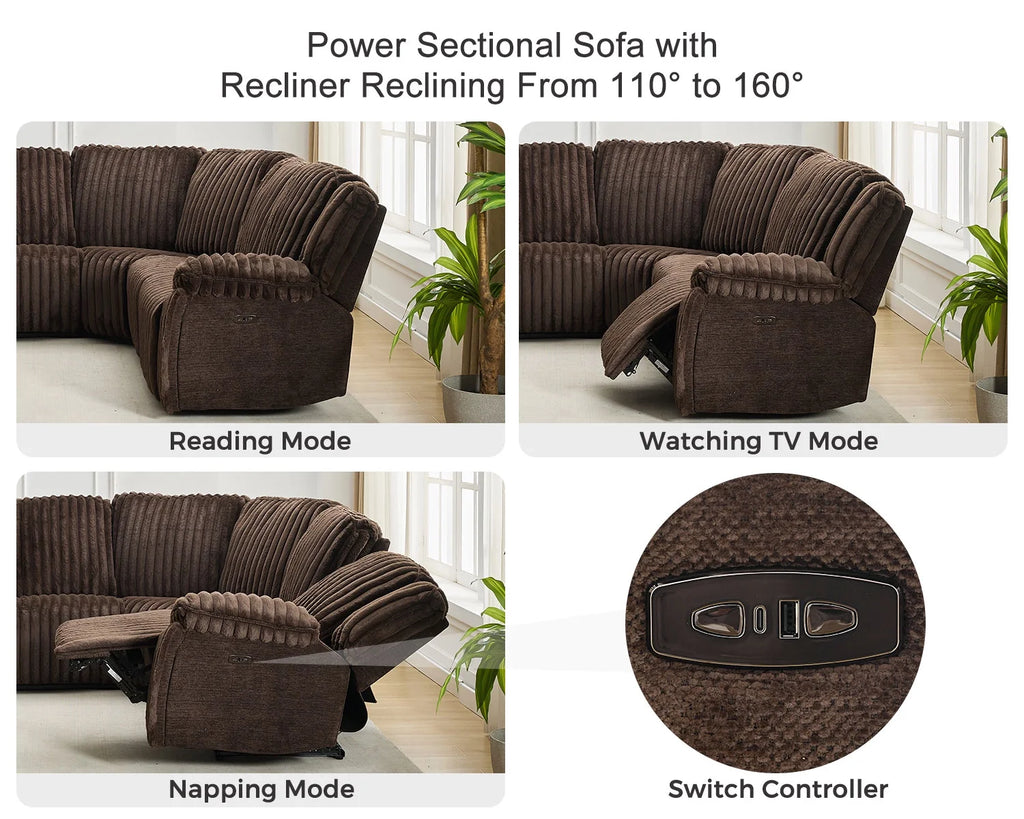 Power Reclining Sectional Sofa with Wireless Charger, 6 - Seater Faux Fur Sectional with Recliners, Hidden Cup Holders, Storage Console, USB & Type - C Ports, Black