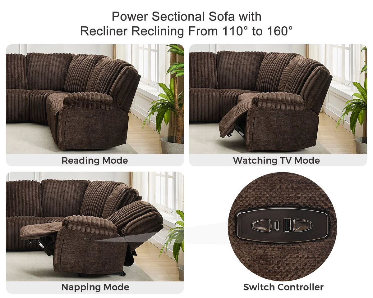 Power Reclining Sectional Sofa with Wireless Charger, 6 - Seater Faux Fur Sectional with Recliners, Hidden Cup Holders, Storage Console, USB & Type - C Ports, Black