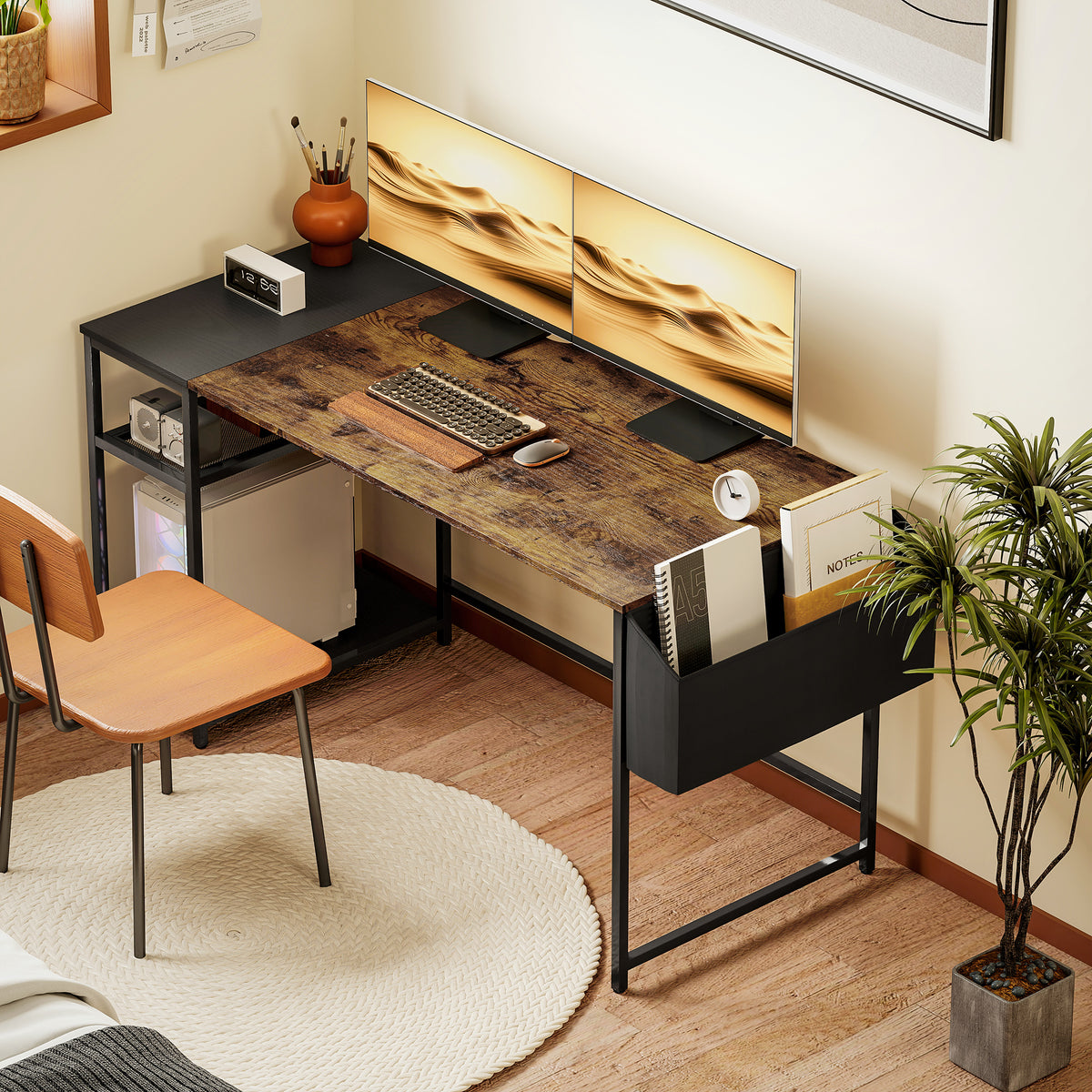 HOMCOM Computertisch 150 x 60 cm mit umkehrbaren Regalen und Stofftasche, für kleine Räume, Braun