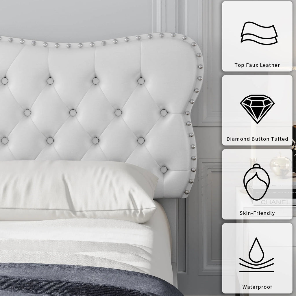 Homfa White Queen Bed Frame with Drawer, PU Leather Upholstered Storage Platform Bed Frame with Button Tufted Headboard, Noise Free