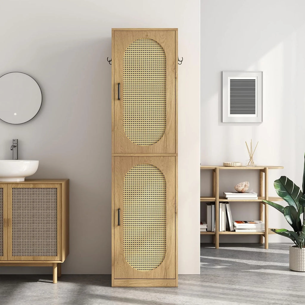 66 - Inch Bathroom Storage Cabinet with Rattan Doors, Bath Room Organizer Floor Cabinets Brown