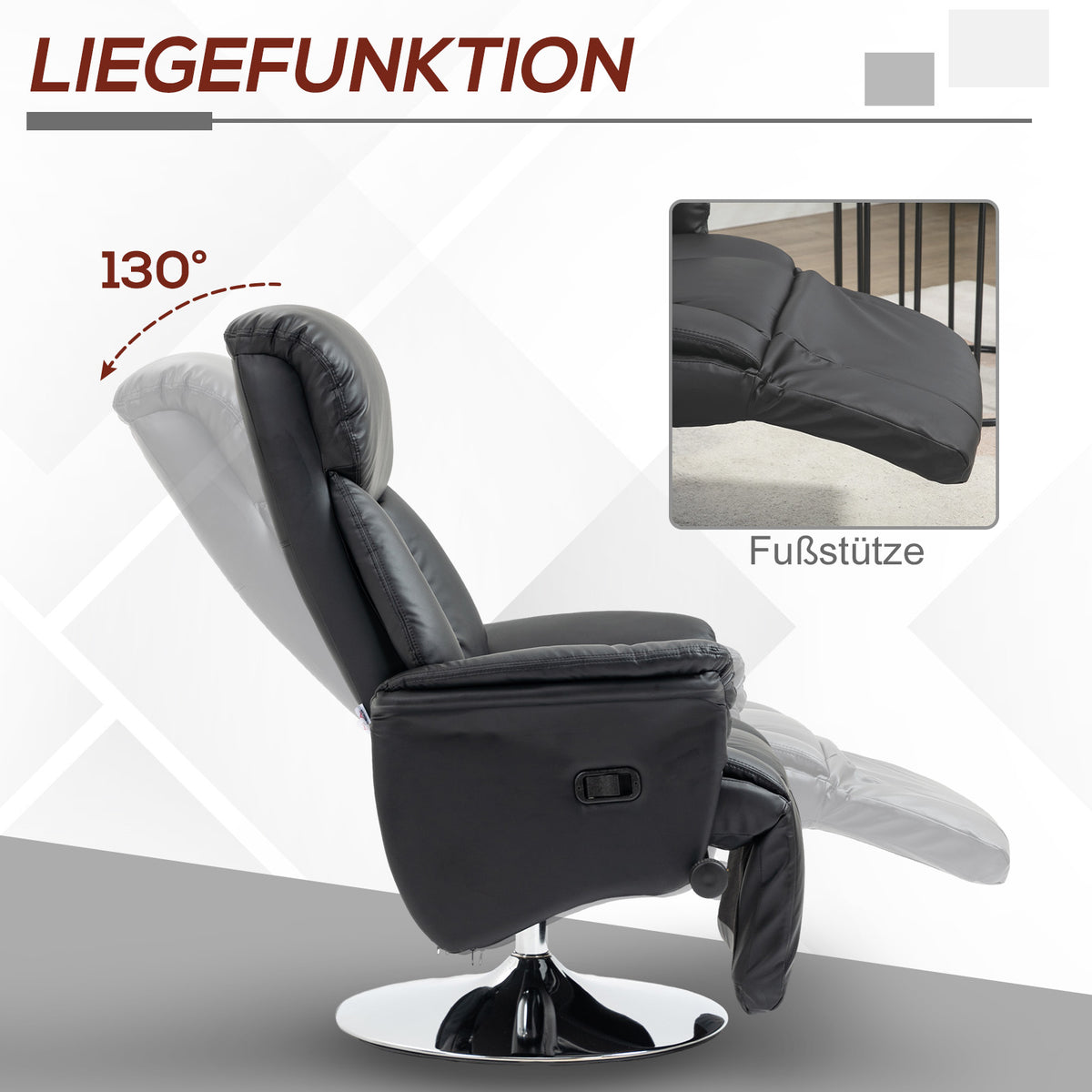 HOMCOM Relaxsessel, Liegefunktion, Lederoptik, Fußstütze, bis 150 kg, 78 x 80 x 109 cm, Schwarz