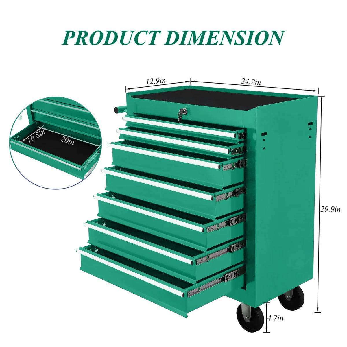 Aukfa Tool Chest, 24.5 in 7 - Drawer Steel Rolling Tool Box on Wheels for Workshop Garage, Red