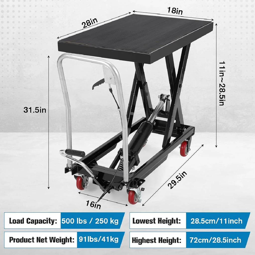 M Optimized Hydraulic Lift Table, 500 lb Capacity Hydraulic Table Cart, Single Scissor Lift Cart 28.5 in Lifting Height with 4 Wheels and Non - Slip Pad for Material Handling, Black