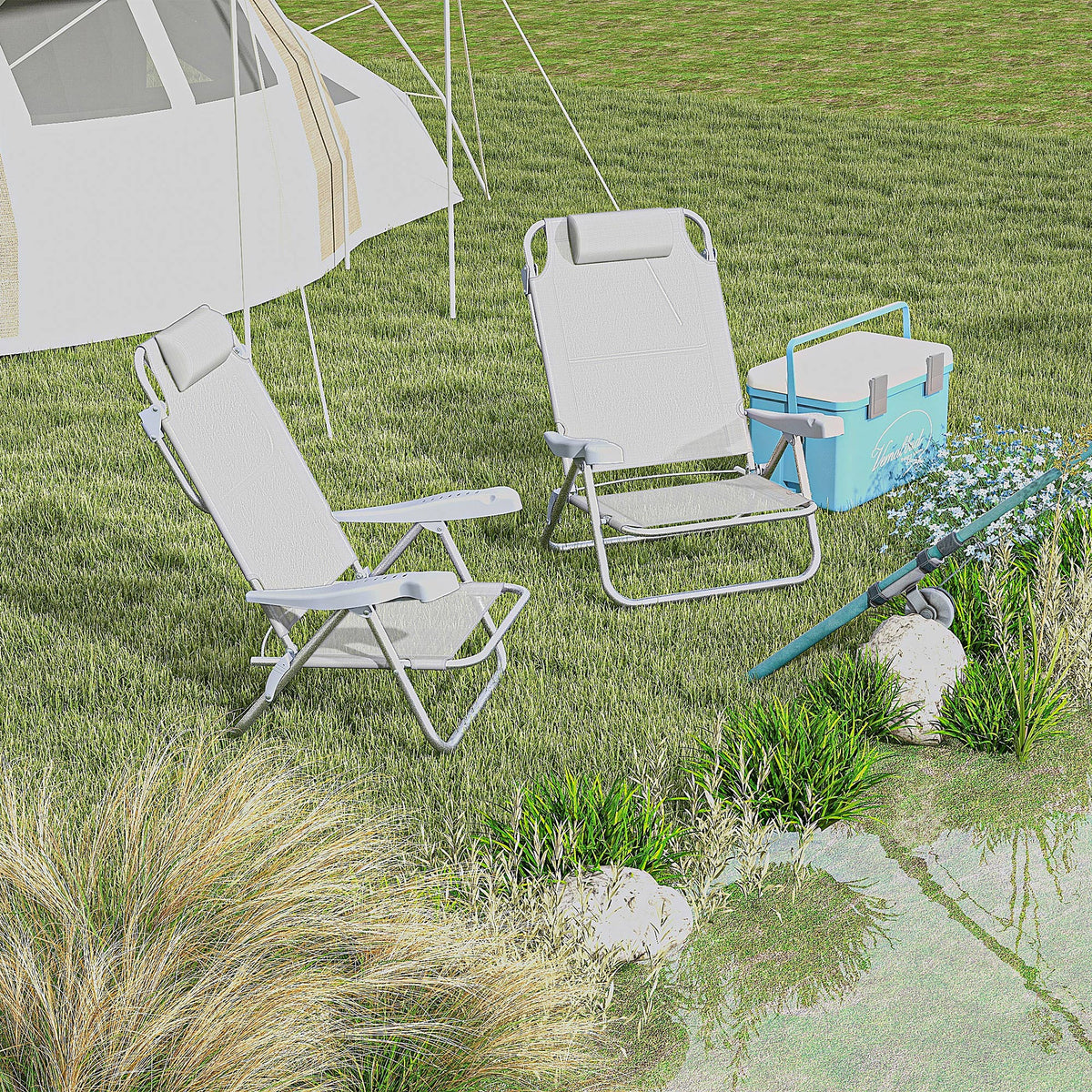 Outsunny Set aus 2 faltbaren Gartenstühlen tragbarer Angelstuhl Campingstuhl mit Kopfstütze 6-stufig verstellbare Rückenlehne