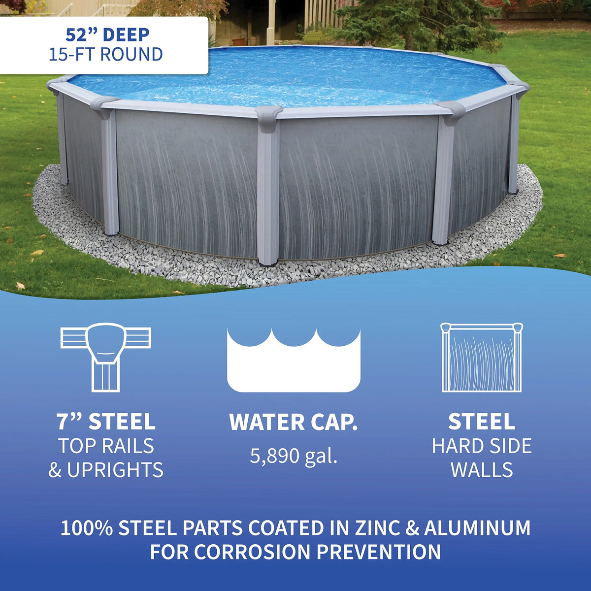 Blue Wave Martinique 15 - Ft Round 52 - in Deep 7 - in Top Rail Metal Wall Swimming Pool Package