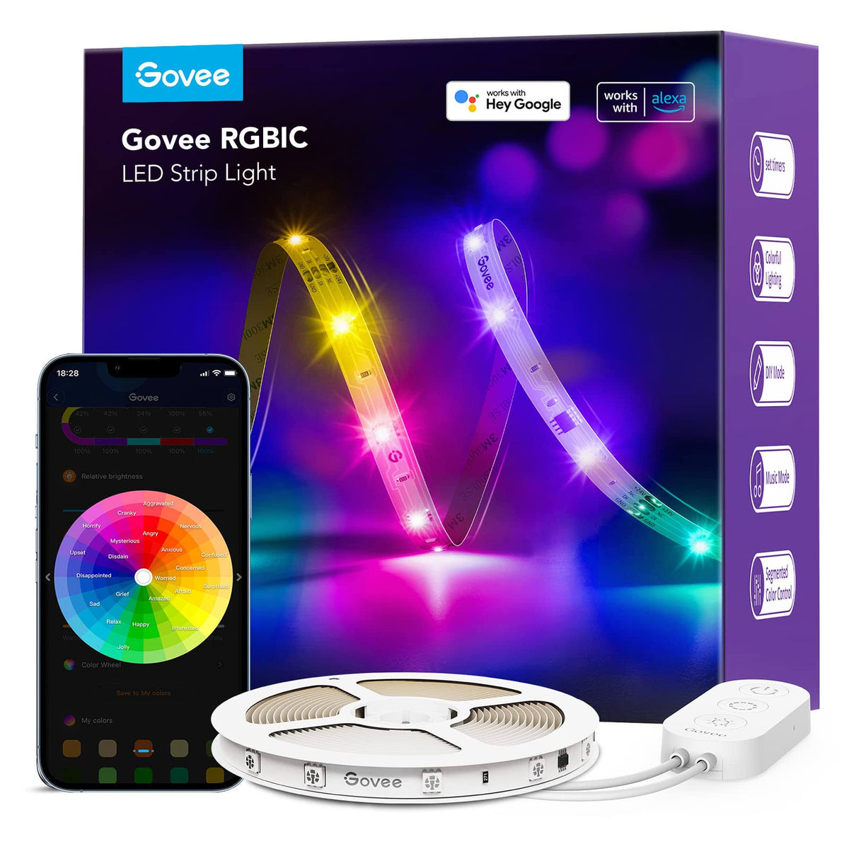 Govee RGBIC Alexa LED Strip Light 16.4ft, Smart WiFi LED Lights Work with Alexa and Google Assistant, Segmented DIY, Music Sync, Color Changing LED
