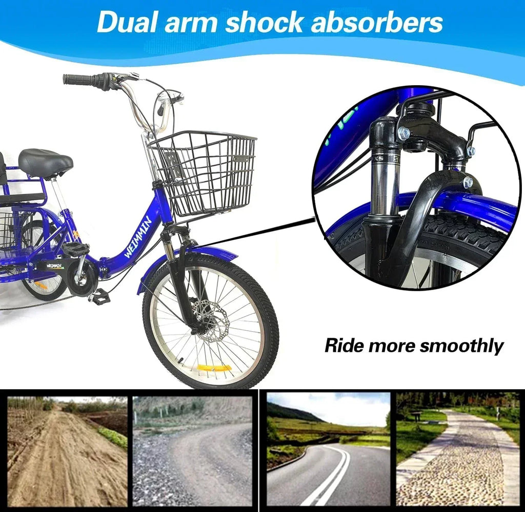 Tricycle 7 Speed. 20 inch 3 Wheel Bikes Folding Tricycle for Adults Star Strip Blue