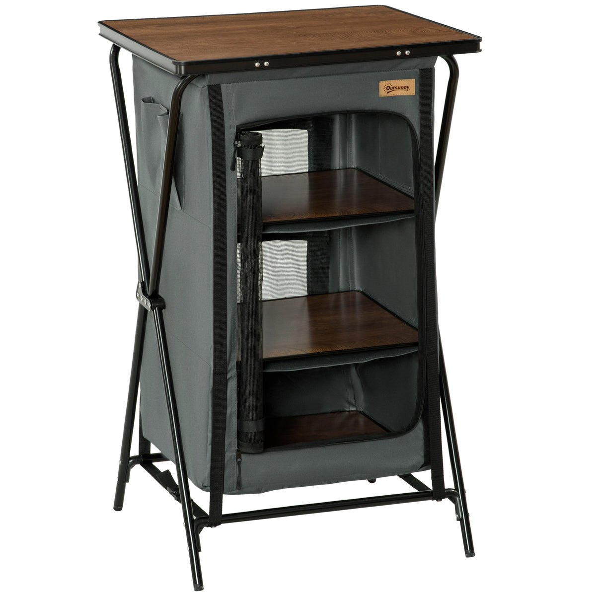 Outsunny Camping-Tisch mit 3 Regalfächern, Reißverschlusstür, Aluminium, faltbar, Grau