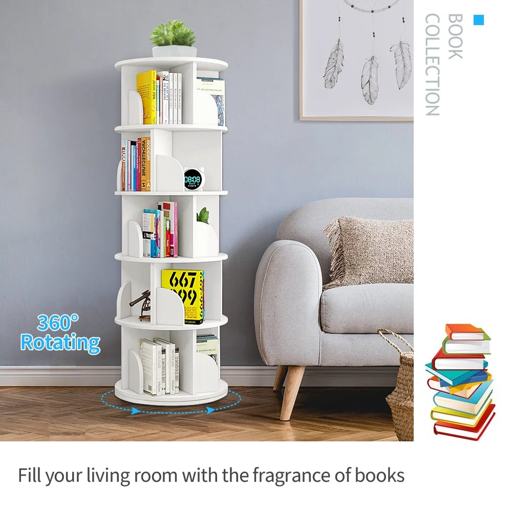 Bimiti 5 Tier Rotating Bookshelf, 360? Revolving Bookcase 20 Shelves Floor - Standing Storage Display Rack - White 63"x18"x18", Adult