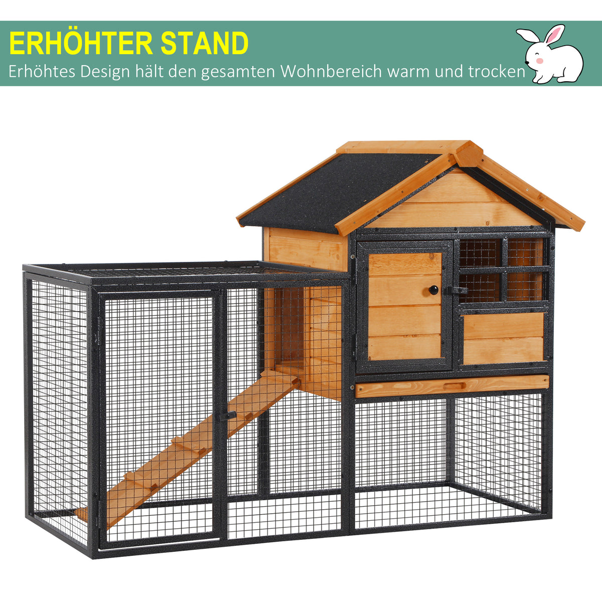 PawHut Kleintierstall mit Freigehege u. Rampe 122 cm x 63 cm x 92 cm Tannenholz Metall Hellgelb+Dunkelgrau
