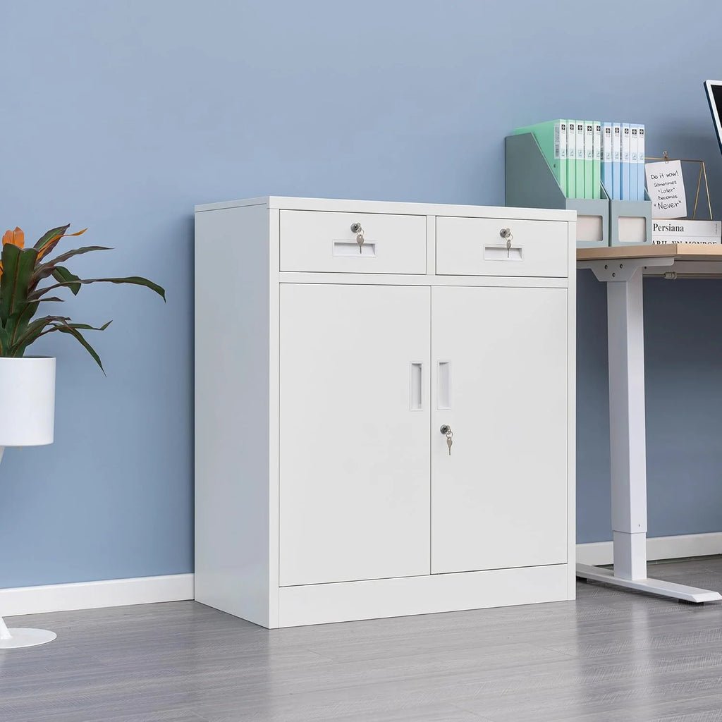 CMY Metal Storage Cabinet, 71" H x 32" W x 16" D Locking Cabinet with Adjustable Shelves and 2 Drawers, Steel Storage Cabinet for Office, Garage, Home, School, Utility Room - White