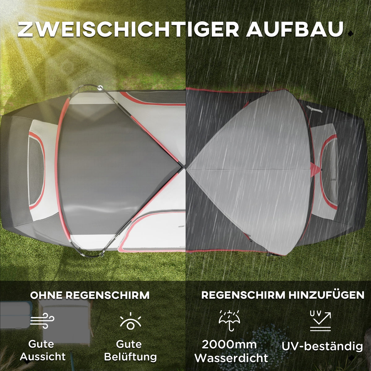 Outsunny Campingzelt, 2 Räume, Trennwand, für 6-8 Personen, Regenschutz, Grau