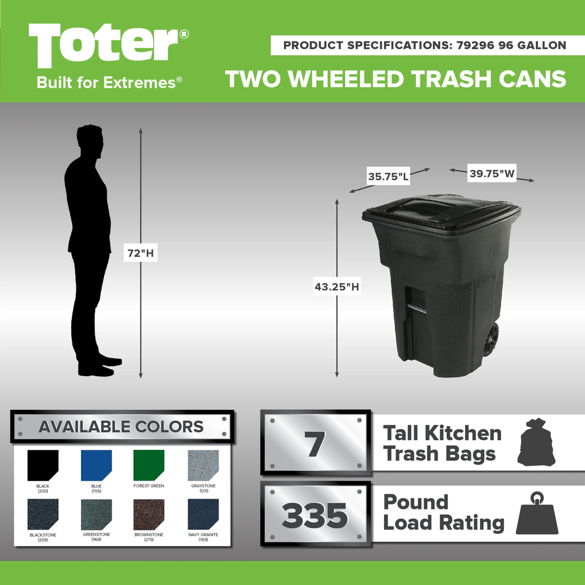 Toter Trash Can Greenstone with Wheels and Lid, 96 Gallon