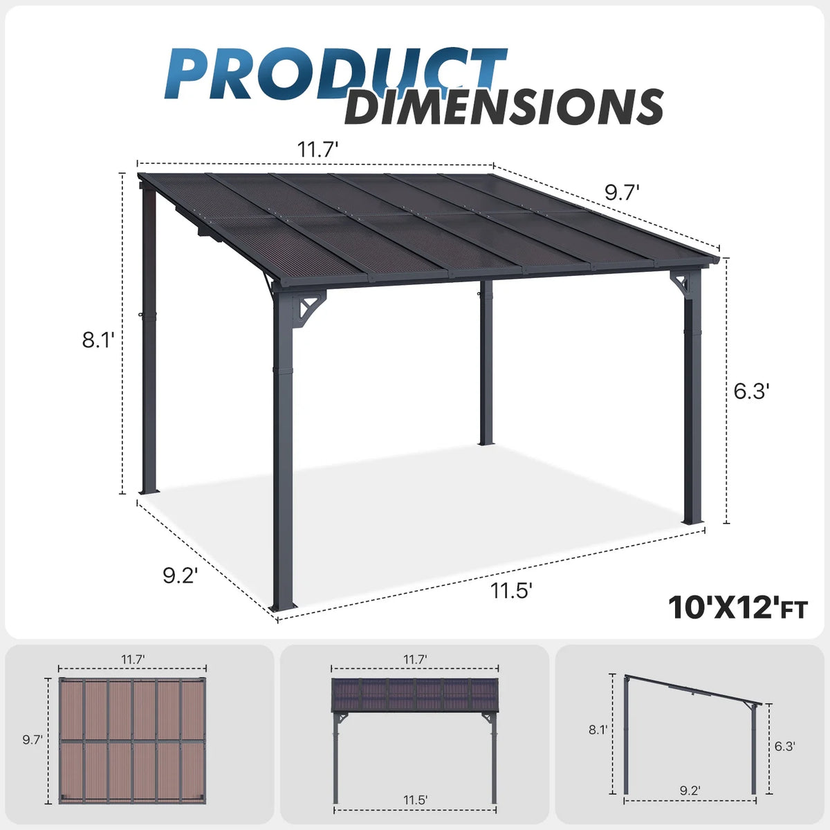 Sumnthink 10'X12' Gazebo for Patio, Gazebo Pergola with Sloped Roof, Large Wall - Mounted Heavy Duty Awnings, for Patio, Deck and Backyard