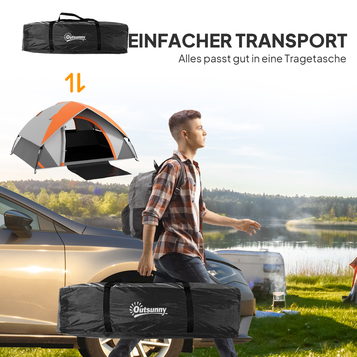 Outsunny Kuppelzelt für 2 Personen leicht, stabil wasserdicht Familienzelt mit Tür&Fenster Packtasche Grau+Rostrot