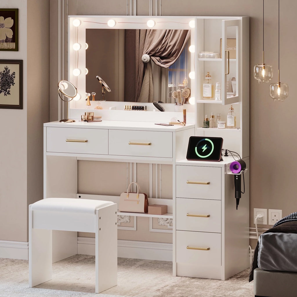 UGTOO 58.3" White Vanity Desk with Mirror, Adjustable Lighting, Power Outlet, Drawers, with Stool