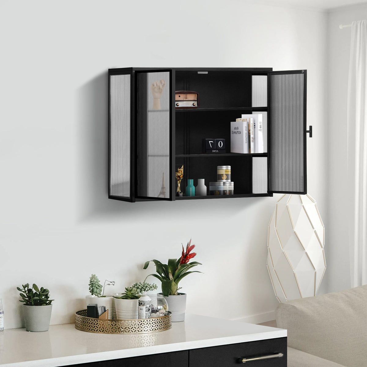 Badezimmerschrank hängend, Moderner Wandschrank 70x23x60 cm mit Glasfront und dreistufigen Regalen, Schwarz