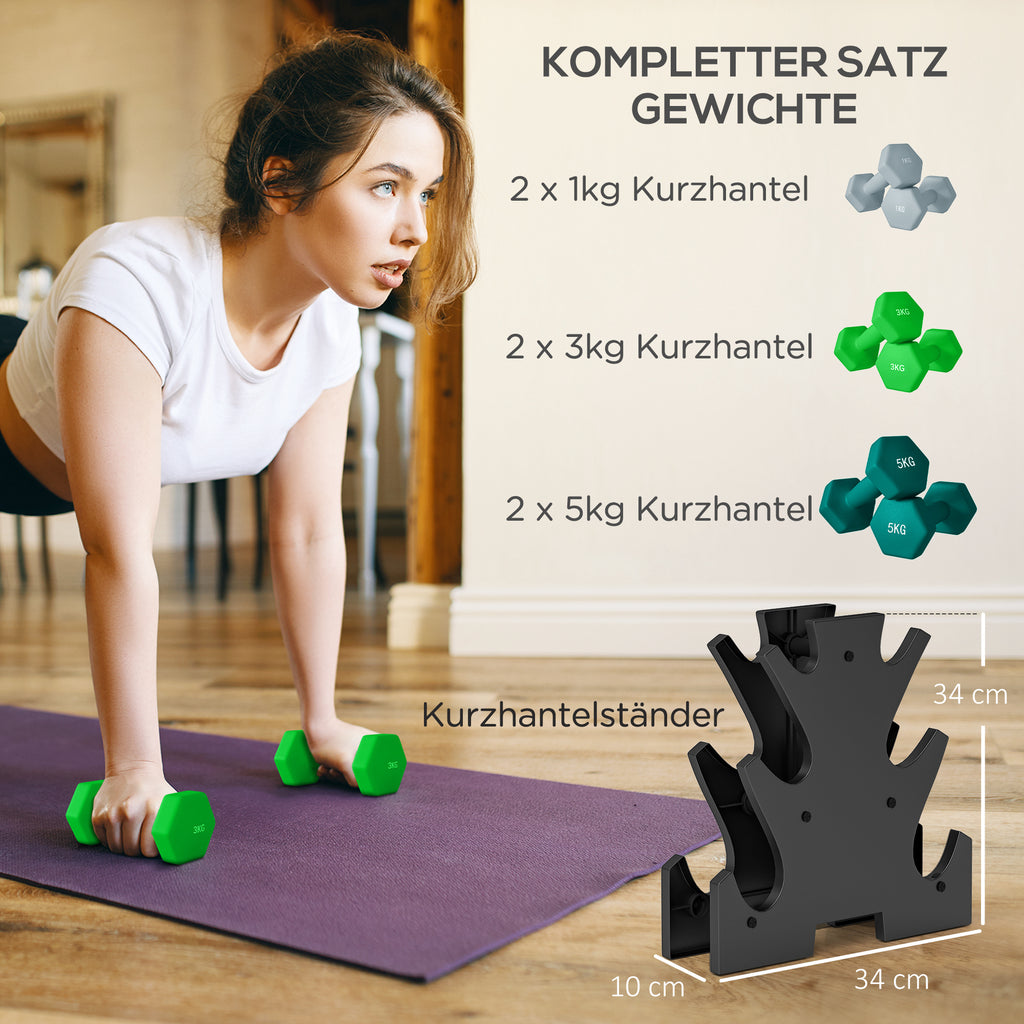 SPORTNOW Hantelset mit Aufbewahrungsgestell, Set mit 6 Hanteln für Fitness-Training, 2 x 1kg, 2 x 3kg, 2 x 5kg